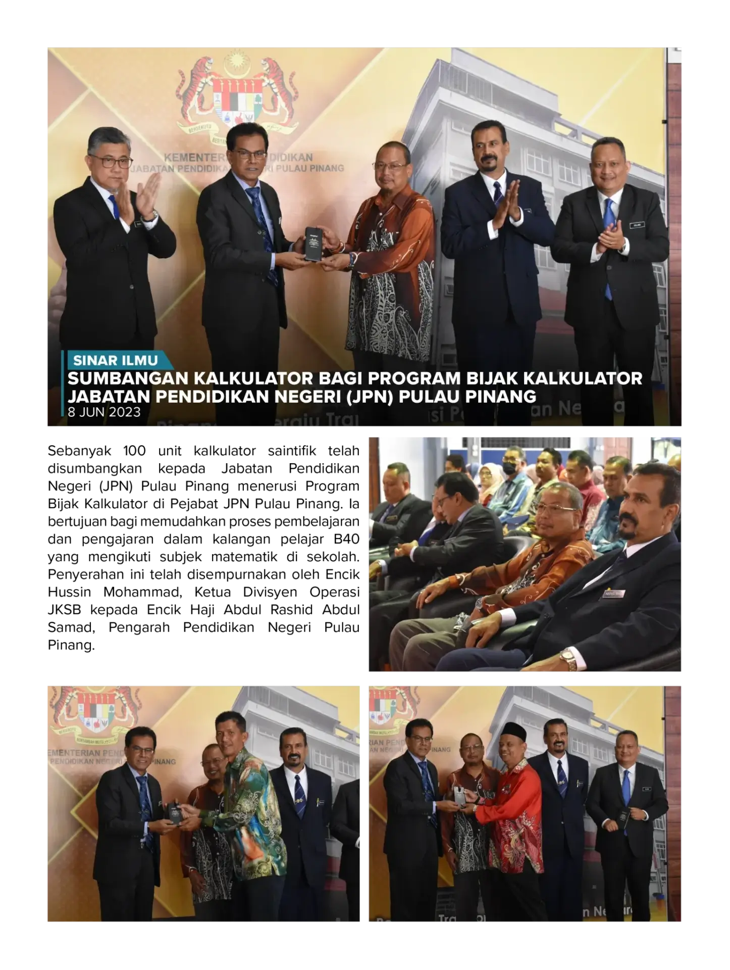 Sumbangan Kalkulator Bagi Program Bijak Kalkulator JPN Pulau Pinang