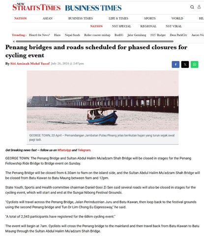 Penang bridges and roads scheduled for phased closures for cycling event