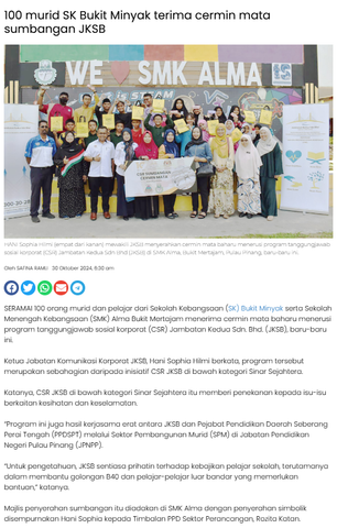 100 murid SK Bukit Minyak terima cermin mata sumbangan JKSB
