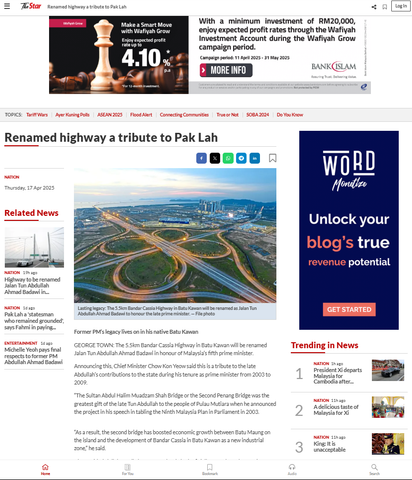 Renamed highway a tribute to Pak Lah